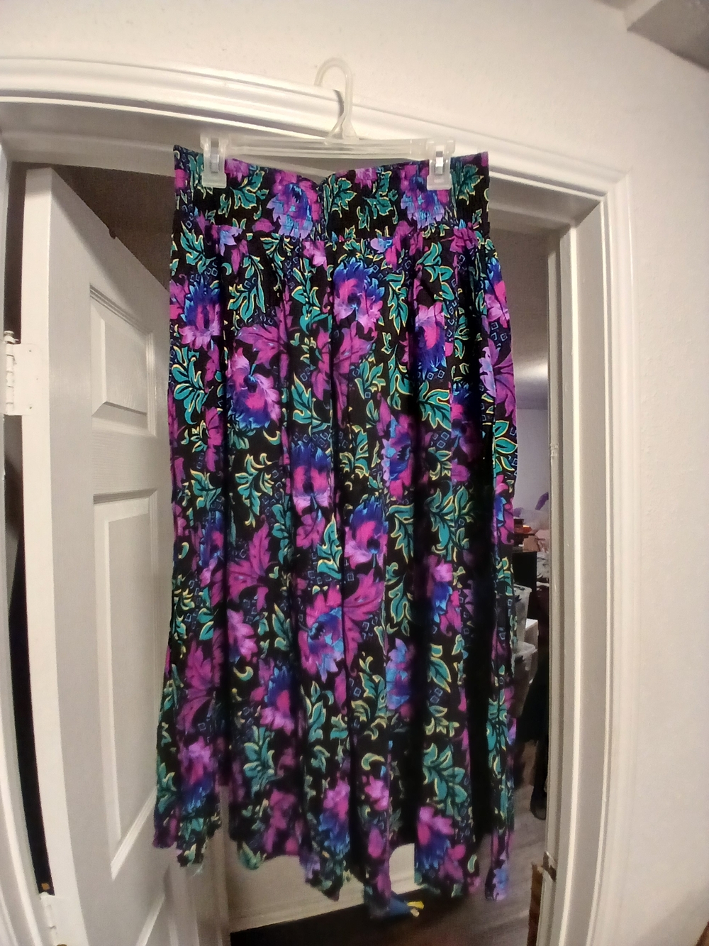 Floral Midi Skirt in Black with Purple & Teal Print